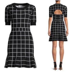 Milly Black & White
Windowpane Jacquard Sweater Knit Short Sleeve Flounce Dress